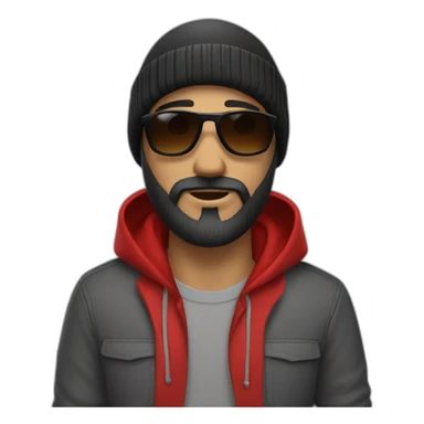 a man with black beard, gray Beanie, black sunglasses, that wears a red hoodie sticker
