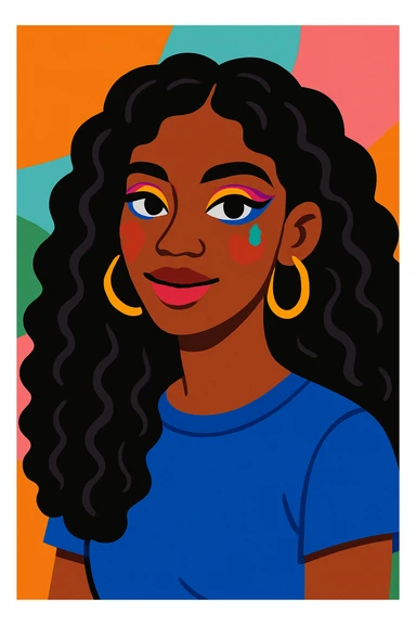 modern youthful style portrait of a brown-skinned woman with long, curly black hair, brown eyes, colorful makeup sticker