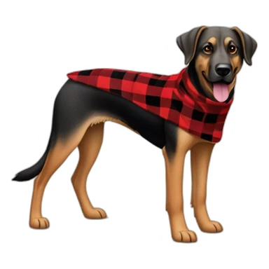 75% Coonhound 25% German Shepherd mix dog wearing small pointed red buffalo plaid bandana pointing down side view full body facing left sticker