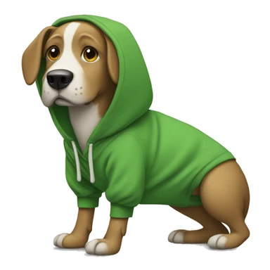 Dog wearing a green hoodie and crocs sticker