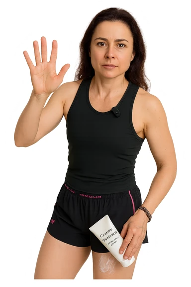 Donna con cellulite sulle cosce che usa una crema chiamata "Crema snellente" sticker