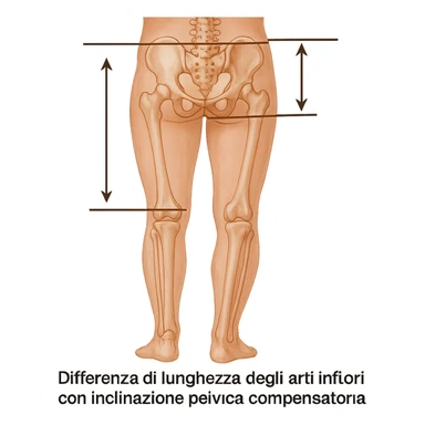 Medical style hyperrealistic posterior view highlighting the difference in leg length: one leg visibly shorter than the other, pelvis tilted for compensation. Add arrows, reference lines, and an anatomical caption in Italian to make the concept immediately understandable. Remove background. Variation 2. sticker