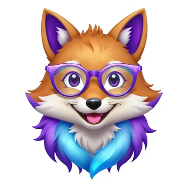 A magical fox with shimmering purple and blue fur, a glowing tail, a silver star on its forehead, and round glasses, laughing so hard that tears are streaming from its eyes sticker