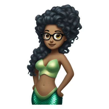 mermaid with curly black hair, wearing glasses, full torso sticker
