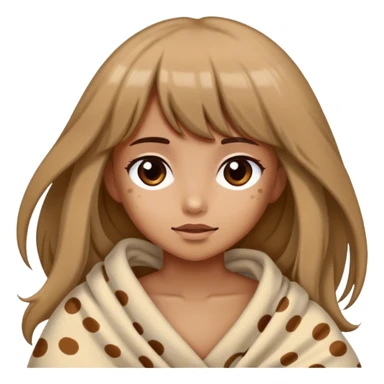 Tan Girl with long hair and bangs wrapped in blanket colored beige with brown spots sticker