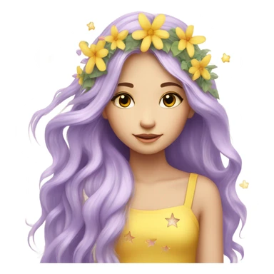 Beauty, long hair with little stars, flower fairy, yellow, lilac, garden sticker