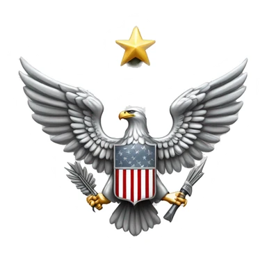 Create an emoji of a silver US Army O-6 Colonel insignia: a detailed silver eagle with outstretched wings, clutching arrows and bearing a shield on its chest. Ensure the background is transparent. sticker