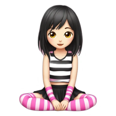 full body Front view emo girl sits on the floor black skirt pink knickers striped stockings sticker