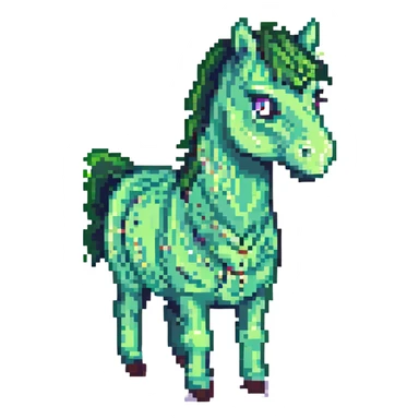 Make the green horse look surprised in pixel art style with no background. sticker