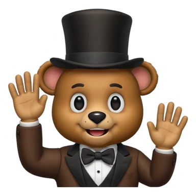 Freddy Fazbear as a cute emoji, waving, brown animatronic bear, black top hat, bow tie, happy face sticker