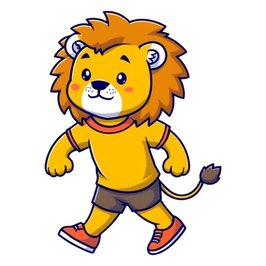 retro 1950s anthropomorphised lion in a t-shirt and shorts, walking sticker