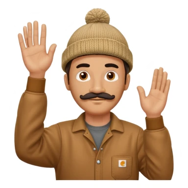 Woodworker thick straight mustache knit cap Carhartt shirt, one hand raised above head small eyes sticker