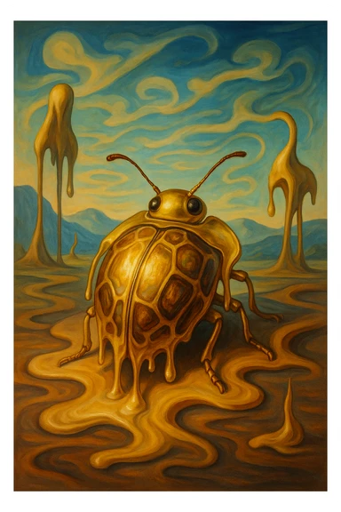 Golden Tortoise Beetle with a tortoise shell-like carapace, Dali-inspired surreal art style, melting forms, dreamlike landscape, imaginative and surreal sticker