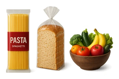 pacco di pasta realistico, pacco di pane, bowl di frutta e verdura, 4k sticker
