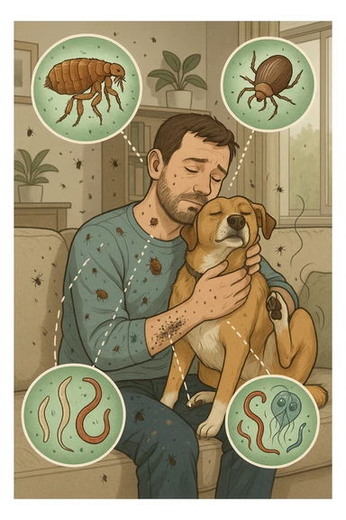 "Man cuddling with his beloved dog on couch, unaware that fleas, ticks, and worms are jumping from pet's fur onto his clothing, microscopic visualization showing roundworms, hookworms, and giardia transferring between species, expression of loving pet owner ignorant of health risks, living room becoming cross-contamination zone, pet's scratching and licking spreading parasites to human environment" in italiano sticker
