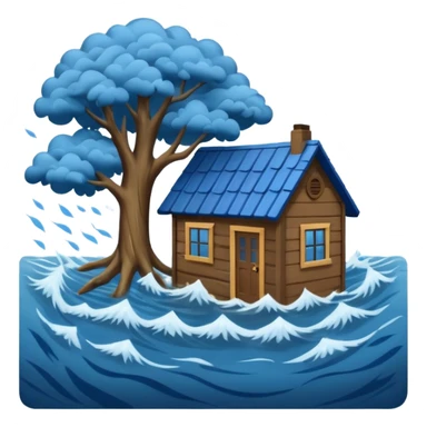 showing a flood disaster scene with powerful blue water waves carrying floating tree branches and wood pieces, small houses partially submerged, dark storm clouds above, heavy rain, realistic yet simple and clean emoji-style design sticker