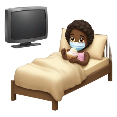 a girl laying in bed with a facemask on while watching tv and eating icecream sticker