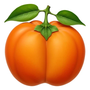 whole persimmon fruit with smooth glossy orange skin, flattened round shape, green leafy calyx on top with soft folds and natural texture, slightly dimpled surface suggesting ripeness and firmness, no leaf cut or extras, soft lighting, subtle shadows, emoji scale sticker