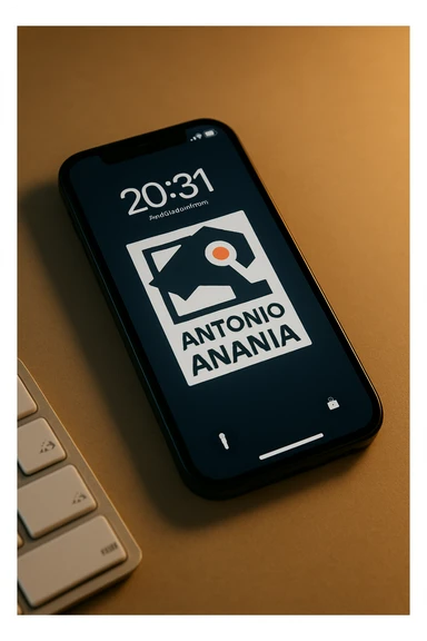 A photo of an iPhone with the message "Antonio Anania" on its screen, The phone sits atop a desk with a blurred background that suggests work environment. A faint glow from above casts gentle shadows across the surface of each object, creating depth and highlighting their textures sticker