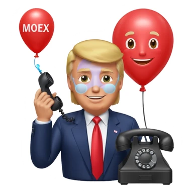 Дональд Трамп  улыбается в поте лица качает через насос в виде телефонного аппарата, который подключен к шарику, который символизирует фондовый рынок и на нём написано IMOEX sticker