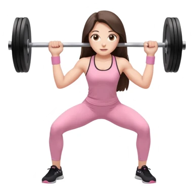 white happy brunette teen long hair with hazel eyes in light pink workout clothes holding a barbell bending over sticker