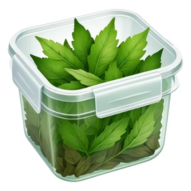 small plastic container with green dried herbal leaves which are clumped together sticker