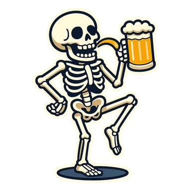 Create another variant of a skeleton drinking a beer while balancing on one leg like a flamingo, in a cartoon sticker style. The style should mimic cartoonish stickers with bold outlines and vibrant colors. sticker