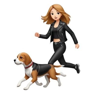 A beautiful tall girl with fair skin and long hair wearing a black leather jacket and black pants running with Beagle sticker