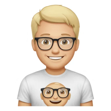 portrait of adult man no old man, wearing a t-shirt, square glasses, grinning face, blond hair sticker
