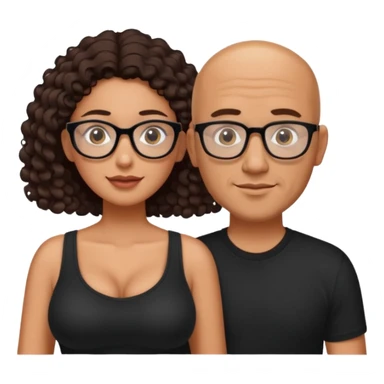 A picture of a tanned couple. the man is a Mexican man with tanned skin, with a bald hair cut, short beard and wearing a black shirt. the woman is wearing rectangle shaped glasses, with long curly dark brown hair and with big boobs  sticker