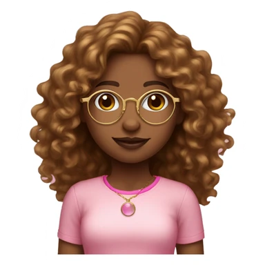 girl with long brown curly hair brown skin gold circular glasses pink shirt jewelry sticker