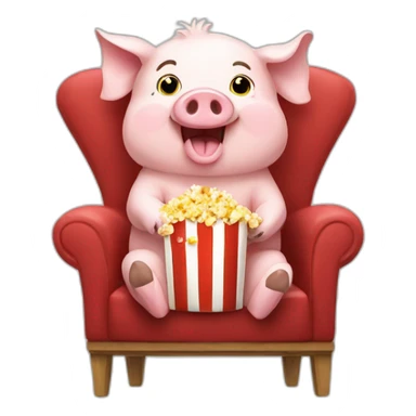 Happy pig sitting on a chair eating popcorn sticker