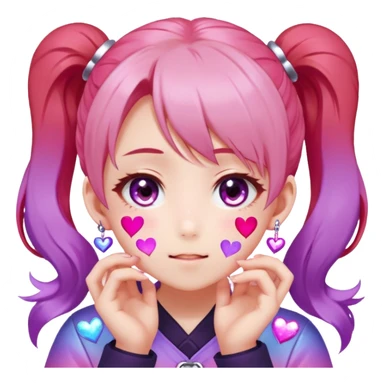 Face: Rosy terracotta skin (#E3B68E), star-pupiled eyes sparkling with 6-point white glints. Hair: Twin ponytails dyed gradient pink→purple, holographic hair charms shaped like hearts. Extra: Speech bubble exploding with "KYAAAA!" in red katakana, hands squeezing cheeks. sticker