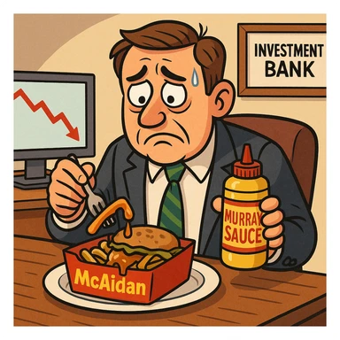 A cartoon-style investment banker at his desk, looking sad and anxious, eating a labeled 'Mcaidan' meal and 'Murray Sauce.' The food looks soggy and unappealing, and the labels are easy to read. sticker