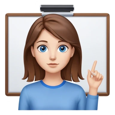 a young woman brown hair and blue eyes, with a clip in her hair and presenting on a white board sticker