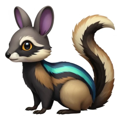 Colorful onyx-obsidian-pitch-black and iridescent Cacomistle-Numbat-Bunny-Ferret-hybrid-fusion-animal-creature, full body  sticker