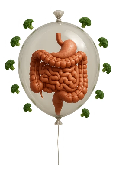 palloncino con intestino umano anatomico all'interno, attorno al quale fluttuano dei broccoletti, iperrealistico 4k sticker