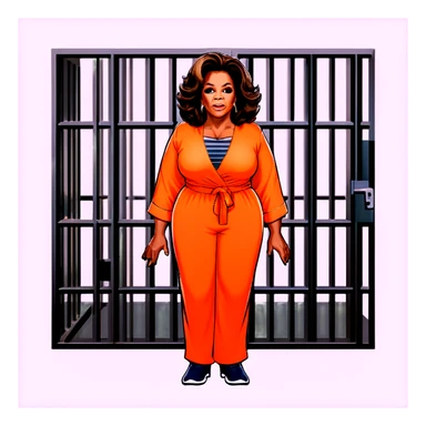 Oprah Winfrey in jail wearing an orange jumpsuit behind bars make her look sad put her in a jail cell with Diddy sticker