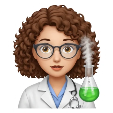 A crazy female scientist, with curly brown hair, brown eyes and grey glasses sticker