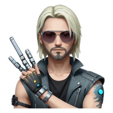 Jony Silverhand from Cyberpunk 2077, city background, detailed, iconic look, sunglasses, cybernetic arm, grunge style sticker