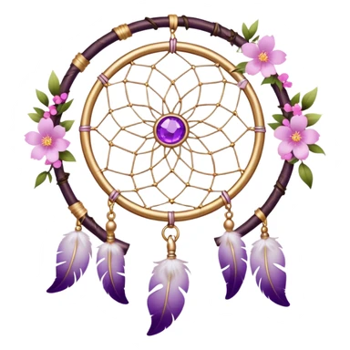 A white Dreamcatcher with purple-round-orb-stones, gold-ring-accents, purple tint flowers, pink sakura flowers, sticker