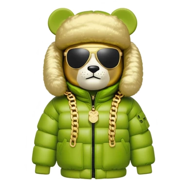 classic bearbrick in lime mask with graffiti tags, wearing sleek one-piece solid sunglasses visor spanning full width of face, oversized puffy jacket with plush fur trim, stacked gold chains, high fashion look sticker