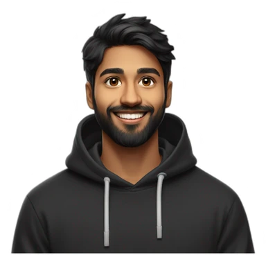 25 year old indian silicon  valley creator economy startup founder smiling in a black hoodie and black medium  size beard with broad shoulders profile photo wearing apple vision pro face only sticker