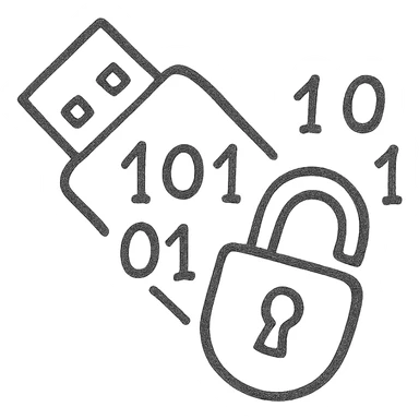 hand-drawn outlined icon of a USB drive and broken lock merged, tilted down-left, transparent, gray and black, with 1s and 0s inside sticker