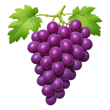 3D iPhone style emoji of a bunch of grapes, plump and shiny, purple color, attached to a small green stem, isolated on white background, soft shadows, high detail, playful and cute. sticker