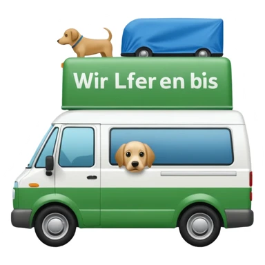 a white delivery van with green and blue color on the delivery van tarpaulin. Text: Wir liefern bis an die Türe. Ausser Ihr Hund ist dagegen" sticker