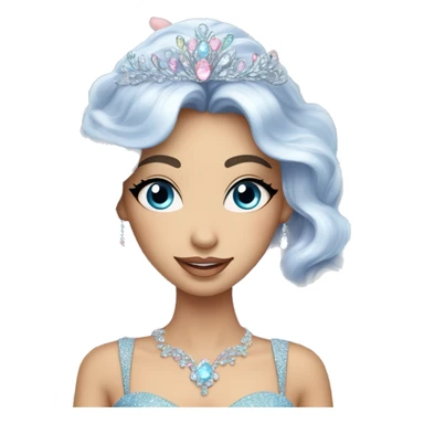 Gorgeous pastel Lady with dark hair blue eyes in a sparkly shiny dress with tiara and necklace and flowers behind her and trending  sticker