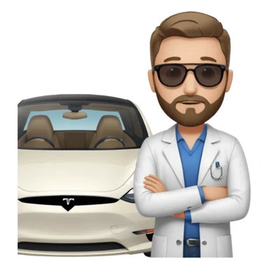 White tesla model 3 with one cool physician with dark blond hair, beard and dark sunglasses next to it sticker