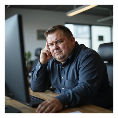 obese man in office, confused and slowed expression, in front of a computer, realistic atmosphere, hyperrealistic 4K details, work environment, signs of cognitive difficulty sticker