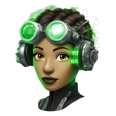 Neon green bobbed hair Latina female cyborg head with silver steampunk goggles and circuits sticker